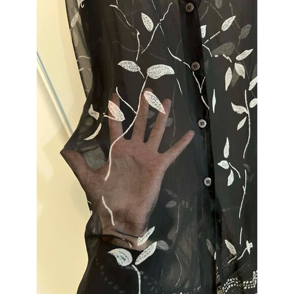 2X Black and White Leaf Vine Shift Dress Sheer Chiffon Button Up Flowy Boho - Picture 3 of 10